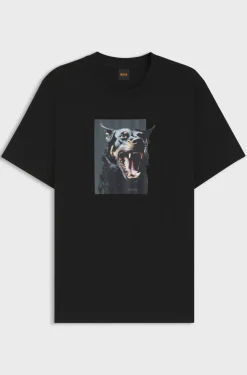Boss Cotton Jersey T-Shirt with Animal Artwork Black