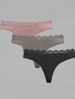 Calvin Klein 3 Pack Thongs – Micro Stretch with Lace Black/Cedar/Attract