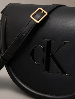 Calvin Klein Embossed Monogram Logo Saddle Bag Black