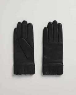 Gant Woman Leather Gloves With Gathered Cuffs Black