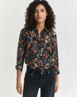 Gant Woman Reg Floral Cotton Silk Shirt Evening Blue