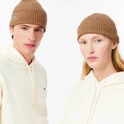 Lacoste Rib Knit Brushed Wool Beanie Brown