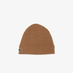 Lacoste Rib Knit Brushed Wool Beanie Brown