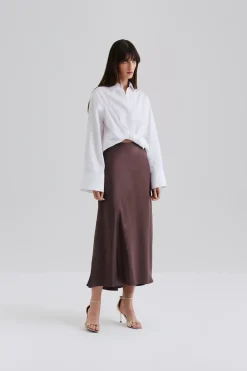 Malina Aubree Satin Skirt Chocolate