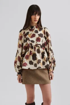 Malina Pernilla High Neck Balloon Sleeve Blouse Wine Peony