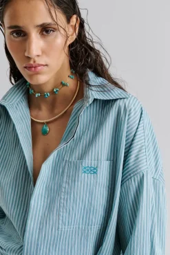 Malina Portea Wrapped Shirt Dress Aqua Stripe