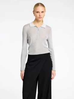 Selected Femme Dagni Knit Polo Neck Shirt Silver