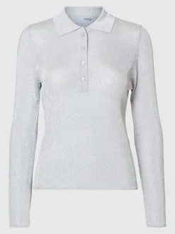 Selected Femme Dagni Knit Polo Neck Shirt Silver
