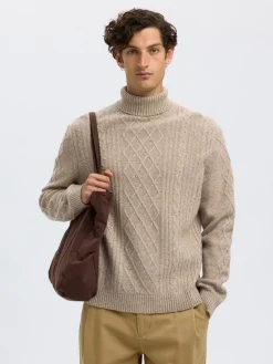 Slhneil Relaxed Cable Roll Neck Oatmeal