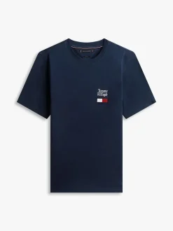 Tommy Hilfiger Logo Embroidery Jersey Crew Neck T-Shirt Navy Blue