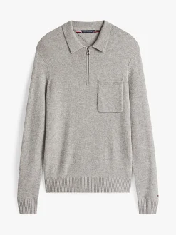 Tommy Hilfiger Pure Lambswool Zip Placket Polo Jumper Light Grey Heather