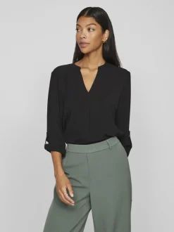 Vila Josa Turn-up V-neck Top Black
