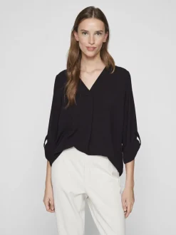 Vila Josa Turn-up V-neck Top Black Beauty